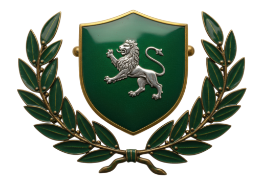 Isolated heraldic crest, antique badge featuring a regal lion on a green shield of arms emblem