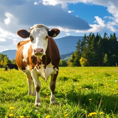 Cow in a meadow under a partly cloudy sky