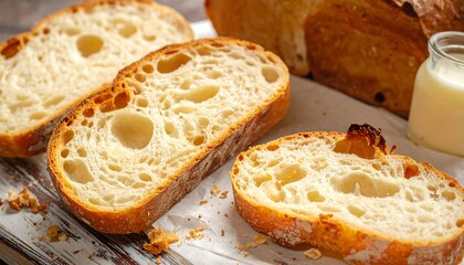 Freshly sliced artisan bread, three slices on parchment paper, with a loaf in the background and a small jar of milk