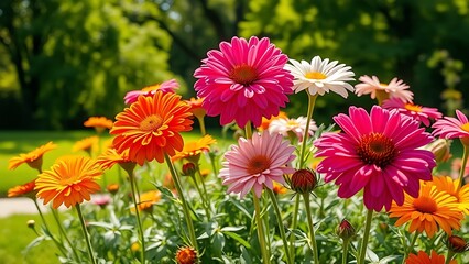 Fototapeta premium Vibrant flowers blooming in a serene English park under gentle morning sunlight.
