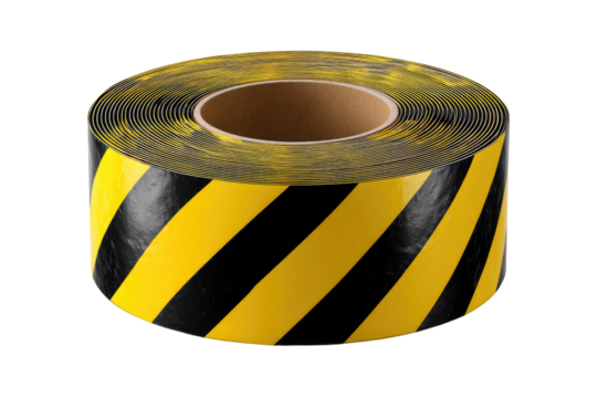 A coiled roll of black and yellow striped hazard tape for safety warnings and marking dangerous areas. background removed