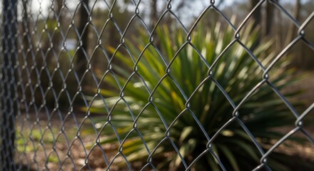 Chain-link Fence and Green Plant, Security and Nature Concept, Blurred Background, Close-up