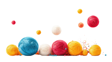 Colorful Balls of Thread with Falling Confetti  on Transparent Background