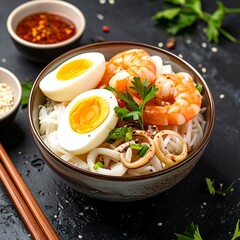 Bowl of seafood ramen with soft boiled eggs