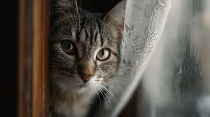 Curious tabby cat peeking from behind a window curtain with soft light illuminating its face.