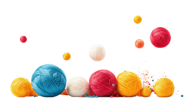 Colorful Balls of Thread with Falling Confetti  on Transparent Background