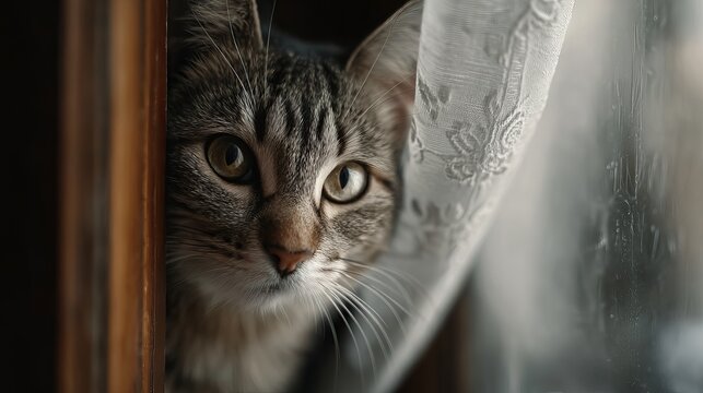 Curious tabby cat peeking from behind a window curtain with soft light illuminating its face.