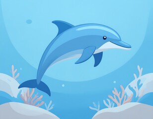 Naklejka premium Cute cartoon dolphin in ocean scene