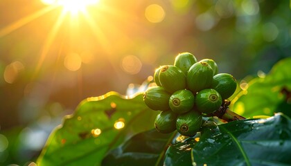Close-up of green coffee cherries on a branch, bathed in golden sunlight