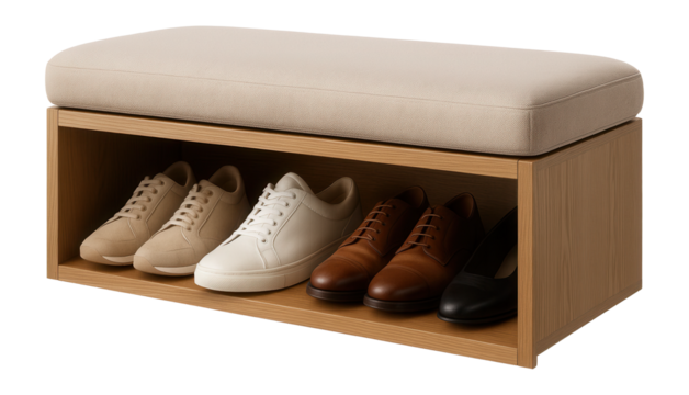 A cushioned shoe bench for storage and seating in a suburban entryway.