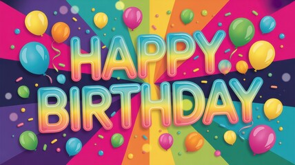 Happy birthday text with colorful balloons and confetti on a vibrant background design graphic art