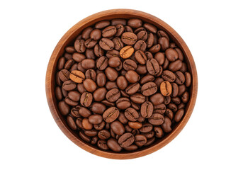 Isolated wooden bowl filled with roasted aromatic coffee beans for brewing a drink