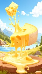 Melted cheese wedge with flying cubes,  dripping onto wooden stump, picturesque landscape