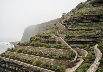 Coastal Stone Staircase Landscape Architecture: Scenic Steps Leading to Ocean Views, Nature and Design
