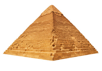 Isolated sand-colored ancient Egyptian pyramid structure made of stone blocks, archaeology site