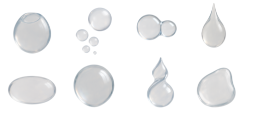 Collection of eight realistic isolated water droplets in various shapes on a white background, ideal for hydration, purity, and liquid-related visual concepts and design projects.