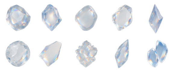 Collection of ten isolated transparent crystal gemstones with various cuts and shapes, featuring realistic reflections and clarity, ideal for jewelry, design, and luxury concepts.