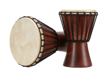 Isolated Two Wooden Djembe Drums, Traditional African Percussion Instruments on Plain Backdrop