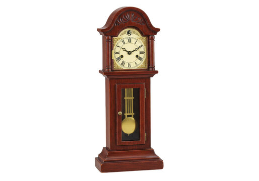 Isolated mahogany Grandfather clock with pendulum, antique time instrument, furniture
