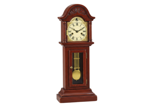 Isolated mahogany Grandfather clock with pendulum, antique time instrument, furniture