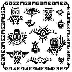 Set of tribal owls. Ancient maya elements and symbols. Black and white silhouette of birds. Cartoon collection of ethnic hand drawing style
