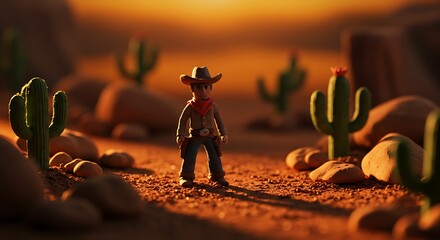 Cowboy figure standing strong in the warm desert sunset with cacti under a golden sky, evoking adventure and the spirit of the Wild West