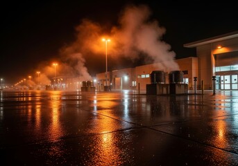 Nighttime Industrial Building with Steam and Wet Pavement, Illuminated by Street Lights