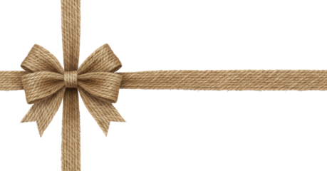 A rustic bow and ribbon made from natural jute or burlap, isolated on a transparent background (PNG).