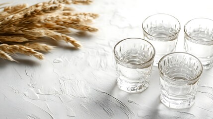 Clear Shot Glasses with Wheat Stalks Arrangement on Textured White Surface Still Life