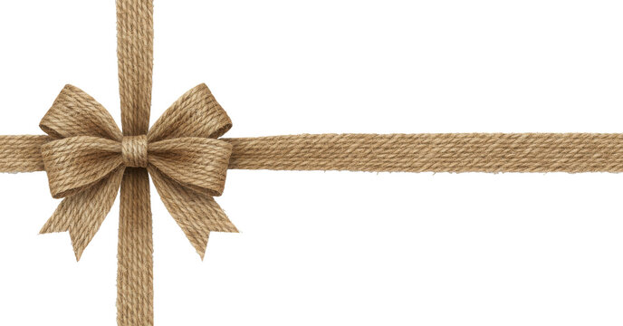 A rustic bow and ribbon made from natural jute or burlap, isolated on a transparent background (PNG). - Powered by Adobe