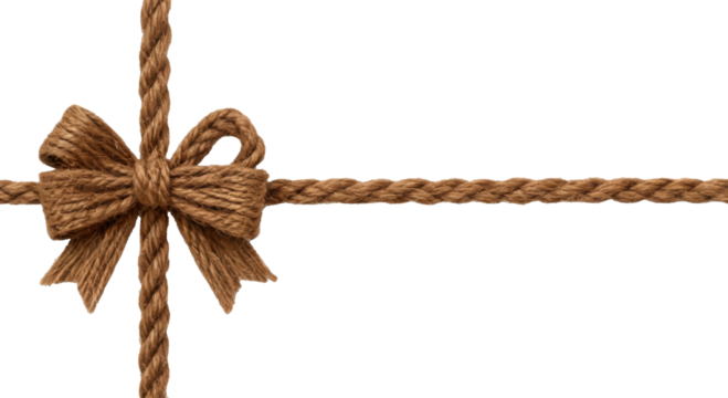 A rustic bow and ribbon made from natural twisted twine rope, isolated on a transparent background (PNG).