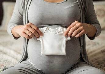 Pregnant woman holding baby clothes on her belly