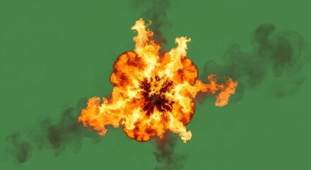 Fiery explosion with orange sparks isolated on green screen. Realistic cinematic fire burst with black smoke. Special effect for chromakey video.