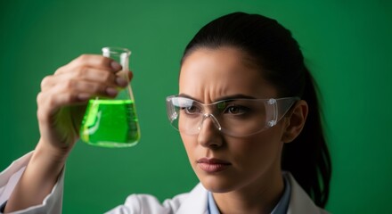 Woman scientist in safety glasses examining green liquid in flask. Science experiment and discovery for education.