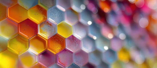 Hexagonal Spectrum: A macro shot unveils a kaleidoscope of colorful hexagonal cells, showcasing intricate patterns and the interplay of light and shadow, perfect for backgrounds and textures. 