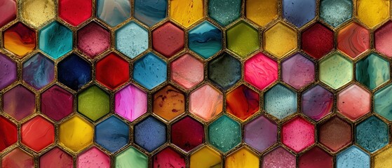 Colorful Mosaic of Geometric Shapes: A close-up view of a vibrant mosaic, showcasing a kaleidoscope of colorful, hexagonal shapes that create a captivating pattern and texture.