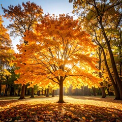 Golden autumn tree bathed in sunlight