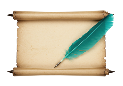 Isolated ancient parchment scroll with blue quill pen for writing and calligraphy style