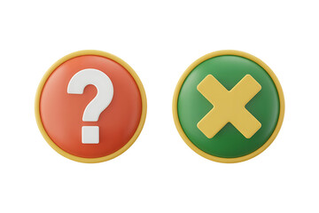 Obraz premium Two circular buttons, one with a question mark, the other with an 'x', symbolizing choice and decision.