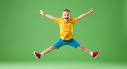 Little boy jumping with wide opened arms and legs. Happy kid having fun. Green screen background for chroma key effect.