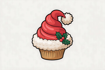 Festive cupcake decorated with a Santa hat and holly, evokes holiday cheer.
