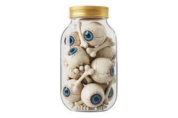 Glass jar filled with eerie eyeballs and bone fragments, creating a spooky, unsettling display.