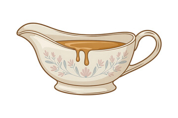 Elegant gravy boat holds rich, flowing sauce, showcasing delicate floral details and classic design.