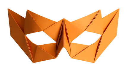 Intricate orange paper mask, folded into geometric shapes, creating a unique, eye-catching design.