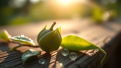 Macro shot of fresh tea leaves with morning dew on wooden surface under directional sunlight.