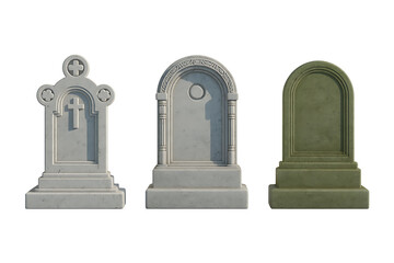 Three weathered stone monuments stand in a row, evoking history and solemn remembrance.