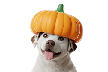 Playful dog with a pumpkin hat, radiating joy and festive autumn spirit.