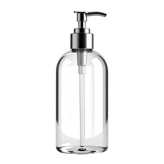 Obraz premium Clear, empty dispenser bottle with a silver pump, isolated on a black background