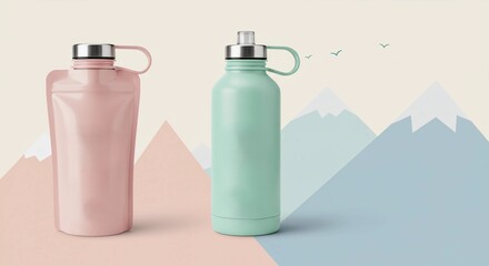 Two water bottles, one pink and one blue, are standing in front of a mountain backdrop for drinking water.