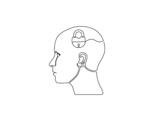 Continuous one line drawing of human head with padlock. One line drawing illustration of head and padlock mix. Closed human potential concept single line. Editable outline